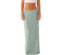 Frauen Y2k Pailletten Langer Rock Sparkly Beaded Floral Maxi Rocks Strass Glitter Midi Rock Streetwear (Grün,XL)