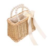 FRCOLOR Geflochtene Damen Strohtasche mit Perlenhenkel Handgewebte Kleiner Rattan Strandtasche aus Stroh mit Zugbandverschluss Sommerliche Handtasche für Urlaub und Shopping