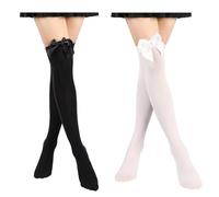 Frdelma Strümpfe mit Schleife Damen,Overknees Strümpfe Damen mit Schleife Thigh High Socks overknee strümpfe Knee High Socks für Mädchen Cosplay Party Weihnachten (Schwarz, Weiss