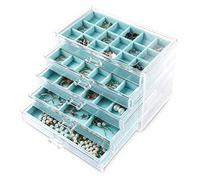 Frebeauty Acryl-Schmuck-Organizer, Ohrring-Organizer-Box mit 5 Schubladen, transparente Schmuckschatulle mit Samtablagen für Damen, stapelbarer Ohrring-Halter für Ringe, Nieten und Armbänder (Türkis)