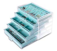 Frebeauty Extra große Acryl-Schmuckschatulle für Frauen, 5 Schichten, transparenter Schmuck-Organizer, Samt-Ohrring-Box mit 5 Schubladen, Ringe, Vitrine, Halskettenhalter (türkis)
