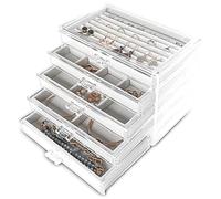 Frebeauty Extra große Acryl-Schmuckschatulle für Frauen, 5 Schichten, transparenter Schmuck-Organizer, Samt-Ohrring-Box mit 5 Schubladen, Ringe, Vitrine, Halskettenhalter (weiß)