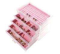 Frebeauty Extra große Acryl-Schmuckschatulle für Frauen, 5 Schichten, transparenter Schmuck-Organizer, Samt-Ohrring-Box mit 5 Schubladen, Ringen, Vitrine, Halskettenhalter(Rosa)