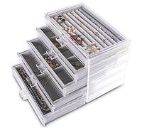 Frebeauty Extra große AcrylSchmuckbox für Frauen 5 Schichten transparent SchmuckOrganizer Samt OhrringBox mit 5 Schubladen Ringschatulle Halskettenhalter Tablett für Frauen und Mädchen (grau)