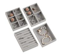Frebeauty Kleines Schmucktablett, stapelbares Samt-Schmuck-Organizer-Tablett, Mini-Schmuck-Schubladen-Organizer, Schubladeneinsätze, 12 x 9,5 x 2,3 cm, Ohrring-Organizer für Damen (Set 4, Grau)