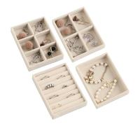 Frebeauty Kleines Schmucktablett, stapelbares Samt-Schmuck-Organizer-Tablett, Mini-Schmuck-Schubladen-Organizer, Schubladeneinsätze, 12 x 9,5 x 2,3 cm, Ohrring-Organizer für Damen (Set 4, Beige)