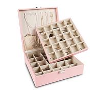 Frebeauty Ohrring-Organizer, klassische Schmuckschatulle, 50 Fächer, doppellagig, Schmuck-Aufbewahrungsbox mit 6 Halskettenhaken und Armbandtasche (Rosa)