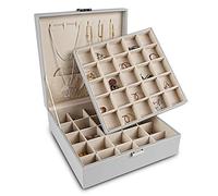 Frebeauty Ohrring-Organizer, klassische Schmuckschatulle, 50 Fächer, doppellagig, Schmuck-Aufbewahrungsbox mit 6 Halskettenhaken und Armbandtasche (Grau)