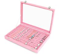 Frebeauty Ring Organizer Tablett - 100 Slots Halter Mit Klarem Deckel, Samt Aufbewahrungsbox für Juweliergeschäft, Display Case für Schmuck Show Box für Frauen(Rosa)
