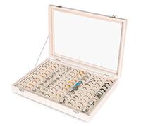Frebeauty Ring Organizer Tablett - 100 Slots Halter Mit Klarem Deckel, Samt Aufbewahrungsbox für Juweliergeschäft, Display Case für Schmuck Show Box für Frauen (Beige)