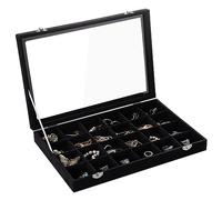 Frebeauty Samt Schmucktablett 24 Gitter Schmuck Organizer mit durchsichtigem Deckel Ohrring Organizer Halter Etui mit Verschluss Schubladeneinsatz Anhänger Broschen Geschenk (Schwarz 24 Gitter)