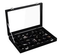 Frebeauty Samt Schmucktablett 35 Gitter Schmuck Organizer mit durchsichtigem Deckel Ohrring Organizer Halter Etui mit Verschluss Schubladeneinsatz für Ringe Ohrstecker Geschenk (Schwarz 35 Gitter)