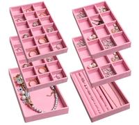 Frebeauty Schmuck-Organizer-Tablett, stapelbare Samt-Schmucktabletts, Schubladeneinsätze, Ohrring-Organizer für Damen, Schaukasten zur Aufbewahung von Ringen, Ohrsteckern, Ketten, Rosa, 6 Stück