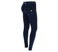 FREDDY Damen Pantalone Wr.up Superskinny Vita E Lunghezza Regular In Jersey Denim Scuro, Dunkle Jeans mit gelben Nähten, XXS