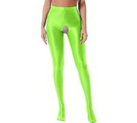 Freebily Damen Glänzend Strumpfhosen Sexy Offener Schritt Seiden-Glanz Glatte Leggings Frauen Feinstrumpfhose Crotchless Neongrün XL