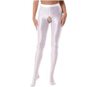 Freebily Damen Glänzend Strumpfhosen Sexy Offener Schritt Seiden-Glanz Glatte Leggings Frauen Feinstrumpfhose Crotchless Weiß M