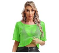 Freebily Damen Netzoberteil Festival Partytop Neonfarben Netz T-Shirt 80er 90er Jahre Fasching Karneval Gogo Rave Outfit Sommertop Neongrün L
