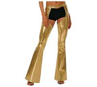 Freebily Damen Schlaghose 70er Glitzer Metallic Leggings Ouvert Glänzende Ausgestellte Disco Hose Hippie Kostüm Jazz Tanzhose Party Clubwear Gold 3XL