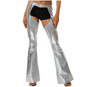 Freebily Damen Schlaghose 70er Glitzer Metallic Leggings Ouvert Glänzende Ausgestellte Disco Hose Hippie Kostüm Jazz Tanzhose Party Clubwear Silber M