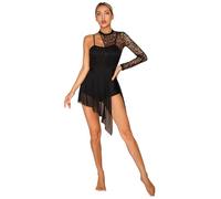 Freebily Damen Tanzkleid EIN-Langarm Tanzbody Spitze Ballett Trikot Asymmetrischer Rock Tango Latin Modern Dance Outfit Schwarz_A M