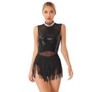 Freebily Damen Tanzkleid Glitzer Fransen Latein Salsa Kleid Ärmellos Pailletten Tanzbody Ballett Leotard Quastenrock Ballsaal Tanzkostüm Schwarz XXL