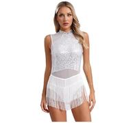 Freebily Damen Tanzkleid Glitzer Fransen Latein Salsa Kleid Ärmellos Pailletten Tanzbody Ballett Leotard Quastenrock Ballsaal Tanzkostüm Weiß L