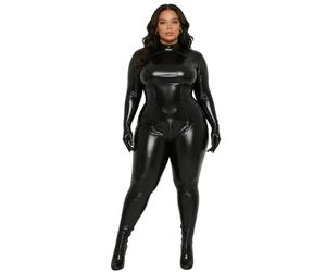 Freebily Damen Wetlook Catsuit Ouvert Kunstleder Jumpsuit Mit Füßen Handschuhe Ganzkörper Leder Anzug Stage Party Clubwear Schwarz 3XL
