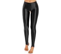 Freebily Glänzende Damen Leggings Mit Steg Glanz NylonStrumpfhosen Offener Schritt Feinstrumpfhose Reizwäsche Unterwäsche Schwarz XL