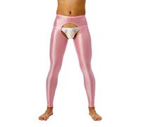 Freebily Herren Glänzende Leggings Nylon Öl Glanz Strumpfhose Offener Schritt Unterwäsche Lange Unterhose Feinstrumpfhose Hohe Taille Rosa XL