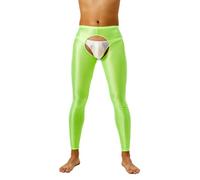Freebily Herren Glänzende Leggings Nylon Öl Glanz Strumpfhose Offener Schritt Unterwäsche Lange Unterhose Feinstrumpfhose Hohe Taille Neongrün XXL