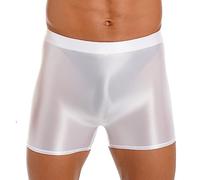 Freebily Herren Sexy Glatt Nylon Slip Unterwäsche Shorts Kurze Leggings Strumpfhosen Shiny Unterhose Höschen für Sport Schwimm Weiß L
