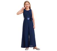 Freebily Mädchen Jumpsuit Festlich Elegant Overall Lang ärmellos Plissee Weites Bein Hose Mit Blumen-Gürtel Navy blau 146-152