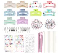 FREEBLOSS 10 Set DIY Haarspangen Set 10 Farben Marmormuster Rechteckige Acryl Haarspangen Mit 12 Metallclips Alphabet Perlen Strassaufkleber Für Handgemachte Gastgeschenke