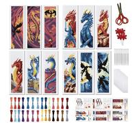 FREEBLOSS 12 Set Kreuzstich Lesezeichen Set Drachen Stempel Kreuzstich Set Vollständiges Stickset Mit Anleitung Für Erwachsene Und Anfänger 11CT 8"X 2.4"