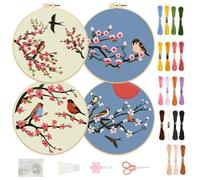 FREEBLOSS 4 Set, 12'' Stickset Für Anfänger, Schwalben Und Blumen, Stickset Mit Anleitung, Komplettes Set Mit Stickrahmen, Stickrahmen In 19 Farben, Zahnseide