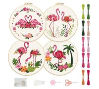 FREEBLOSS 4 Set Mit 8'' Rosen Stickset, Flamingo Stempelmuster, Handstickset, Stick Starter Set Mit Ausführlicher Anleitung (Evtl. Nicht In Deutscher Sprache), Kreuzstich Set, Inkl. Stickrahmen