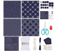FREEBLOSS 4 Set Sashiko Untersetzer DIY Set Mit Anleitung Vorgedrucktes Sashiko Set Für Anfänger Nähübungsprojekt Geometrisches Stickmuster Set Für Handnähzubehör