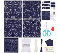 FREEBLOSS 4 Set Sashiko Untersetzer DIY Set Mit Anleitung Vorgedrucktes Sashiko Set Für Anfänger Nähübungsprojekt Kirschblütenmuster Stickset Für Handnähzubehör