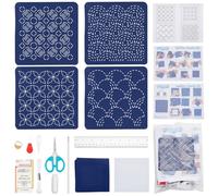 FREEBLOSS 4er DIY Sashiko Untersetzer Set, Wasserlösliche Stickmuster, Fingerhut Nähset, Komplettes Stickset Inkl. Sashiko Garn, Set Zur Herstellung Von 4 Untersetzern Aus Nadeln Und Stoff
