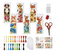 FREEBLOSS 6 Set Kreuzstich Lesezeichen Set Gestempeltes Kreuzstich Für Anfänger Stickset Mit Anleitung Für Erwachsene Hunde Eichhörnchen Giraffe Hirsch Fuchs Katze Blumen 8"*2.4"