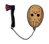 Freitag 13th Pin Badge Duo mit Verbindungskette, 58x42.4mm and 68.8x26.7mm, Metall