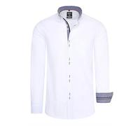 Freizeit Herren Hemd mit Ausgefallenem Knopf-Design und Eleganten Kontrast Elementen Body Fit Langarm Kent Kragen Stretch-Hemd 025, Farbe:Weiß, Größe S-3XL:XXL