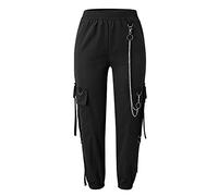 Freizeithosen Damen Cargo Hose mit Kette Schwarze Hip Hop Haremshose Sweathose Teenager Mädchen Jogginghose Cargohose Multi Taschen Sport Hosen Mode Kordelzug Yogahose Streetwear(Schwarz,XL)