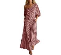 Freizeitkleid Damen Casual Streifen Sommerkleid Off Shoulder Hemdblusenkleid Leicht und Luftig Strandkleid Locker Leichte Tunikakleid Große Größen Maxikleid Basic Outdoor Shirtkleid
