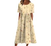 Freizeitkleider Damen Kleider Freizeit Lose Sommerkleid Lang Boho Maxikleid für Rundhals Strandkleid Blumenkleid Damen locker Freizeit Gürtel Taschen Langkleid Bohemian Langkleid