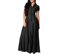 Freizeitkleider Für Damen,Damen-Denim-Maxikleid Elegant Solide Kurzärmelig Revers Freizeitkleider Sommer Schmales Hemdkleid Mit Knopfleiste Vintage-A-Linie Swing-Jeanskleid Übergröße Kaftan-Kle