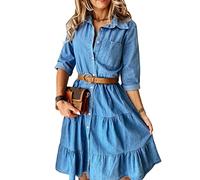 Freizeitkleider Für Damen,Damen-Jeanskleid Modisch Dunkelblau 3/4-Ärmel V-Ausschnitt Lässiges Lockeres Hemdkleid Sommer Spleißen A-Linie Gestuftes Gerüschtes Jeanskleid Midi-Kleider Für Damen