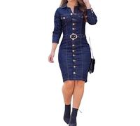 Freizeitkleider Für Damen, Damen-Jeanskleid Sexy Schmales Langärmliges Bleistiftkleid Mit V-Ausschnitt Herbst Elegantes Hemdkleid Mit Brusttasche Und Knopfleiste Vintage-Jeanskleid Im Used-Look Mi