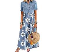 Freizeitkleider Für Damen,Damen-Jeanskleid Vintage-Stil Kurzärmlig Im Distressed-Stil Lässig Revers Knopfleiste Maxi-Hemdkleid Sommer A-Linie Gerüscht Gestuftes Jeanskleid Übergröße Kaftan-Kl