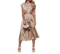 Freizeitkleider Für Damen,Damen-Satinkleid Einfarbig Modisches Midi-Skaterkleid Ärmellos Rundhalsausschnitt Elegante A-Linie Fließendes Kleid Sommer Sexy Sommerkleid Kreuzverband Cocktail-Lange M